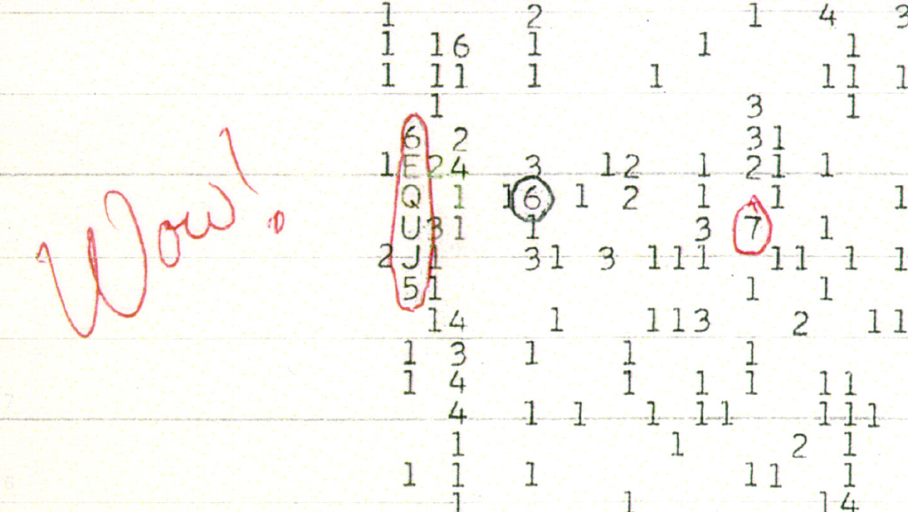 A computer printout of numbers and letters, with the sequence 6EQUJ5 circled in red pen and the word 'Wow!' written in the left margin.